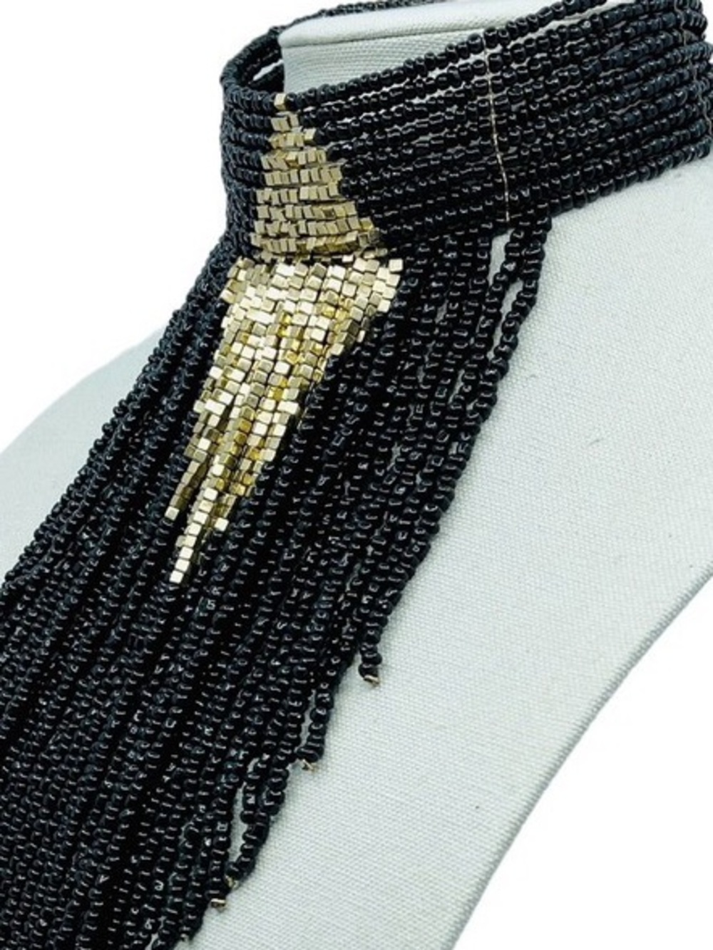 Black & Gold Beaded Fringe Collar Necklace Statement Piece 14-17” - Picture 6 of 8